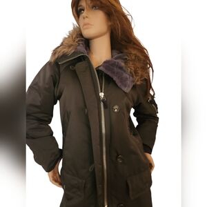 Dark Olive Quilted Hooded Long Parka Winter Coat Fits XS S M NWOT Measurements